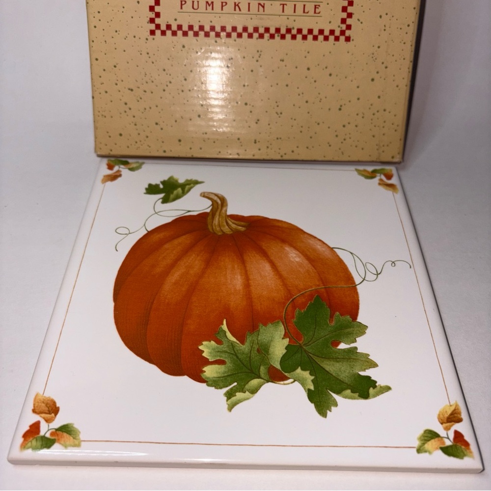 Vintage Ceramic Tile Pumpkin Leaves Fall Shades of Autumn Avon 1984 6” w/Box